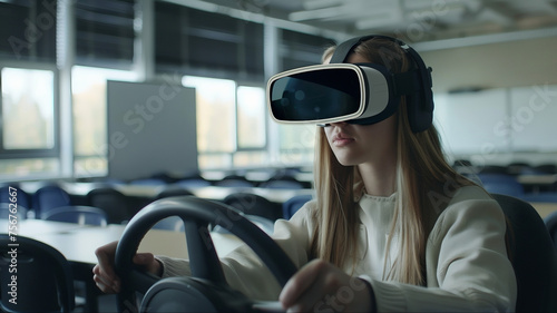 Escola de direção, uma jovem usando óculos de realidade virtual senta-se em uma sala de aula e controla uma máquina virtual usando o volante