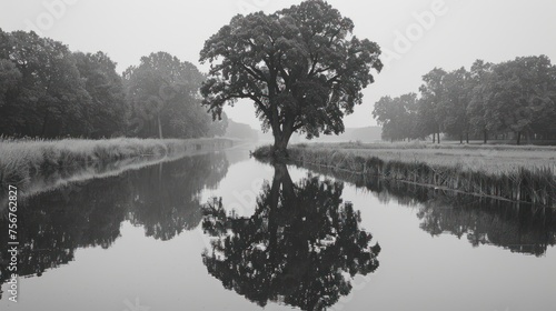 a black and white photo of a tree in the middle of a body of water with trees in the background. photo
