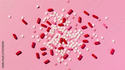 a bunch of red and white pills scattered on top of a pink surface with a red and white heart in the middle. photo