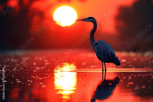 Heron silhouette against sunset on water