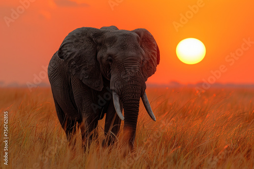 Elephant in sunset savanna