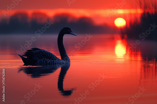 Black swan at dusk on reflective waters