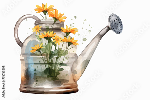 Watercolor composition of a garden watering can with pots and flowers. Romantic gardening theme. Composition for your design