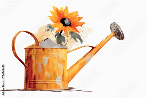 Watercolor composition of a garden watering can with pots and flowers. Romantic gardening theme. Composition for your design