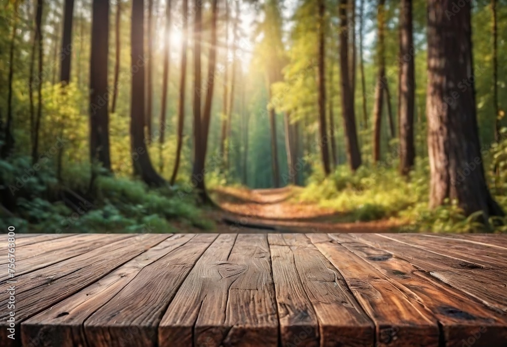 Wooden old table against the forest. Nature advertising background with copy space for organic product demonstration Wooden old table against the forest. Nature advertising background with copy space for organic product demonstration