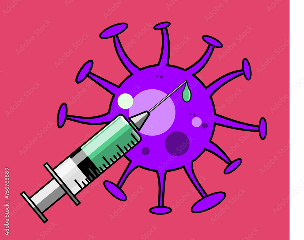 Medical disposable syringe filled with vaccine and virus cell cartoon style isolated vector illustration Medical disposable syringe filled with vaccine and virus cell cartoon style isolated vector illustration