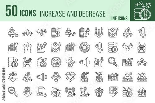 Set of 50 Increase and Decrease line icons set. Increase and Decrease outline icons with editable stroke collection.