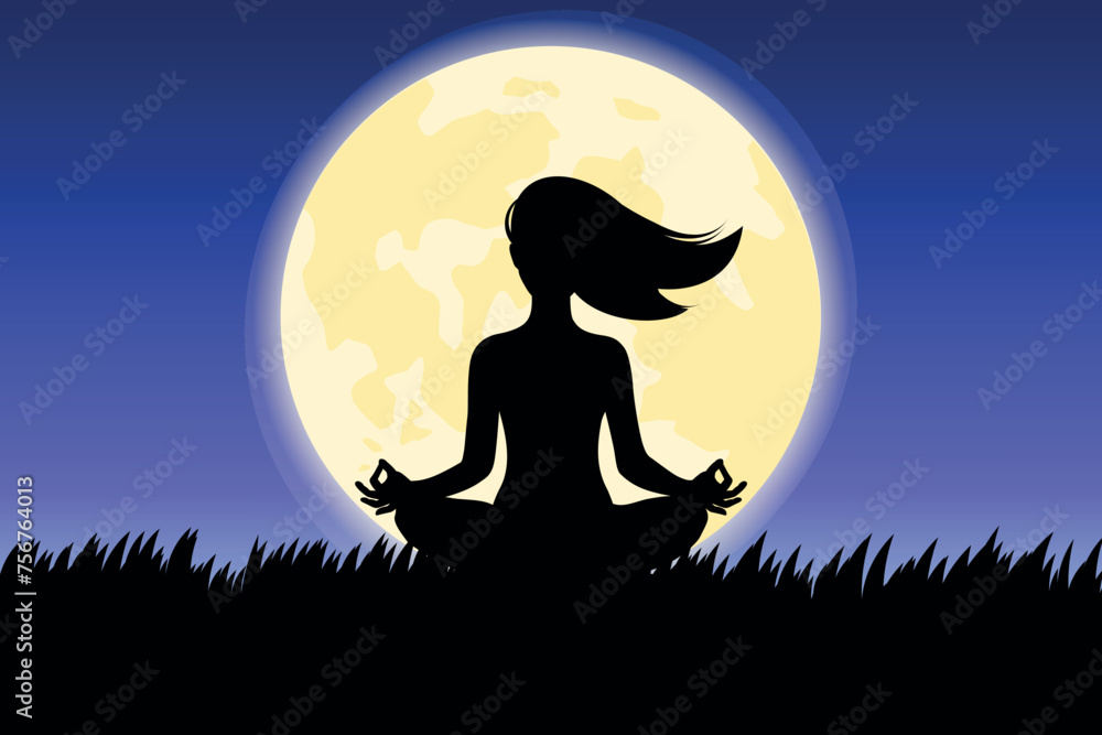 silhouette of woman doing YOGA Lotus pose outdoor in front of full moon vector