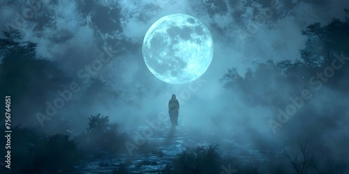 Mysterious figure roams through eerie woods under the light of a full moon. Concept Mysterious figure  Eerie woods  Full moon  Night photography