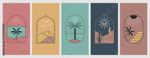 Vector minimal linear boho emblem with palm, sea beach and sun in bohemian style. Travel logos with cactus, sandy desert, mountains and tropical trees. Modern summer and vacation badges for holiday