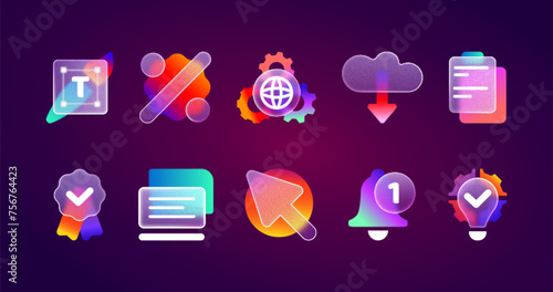 Realistic glassmorphism matte ui icons with blurred neon gradient. Transparent frosted glass morphism icon set of notification bell, solution bulb, laptop, web settings, percent discount, download.