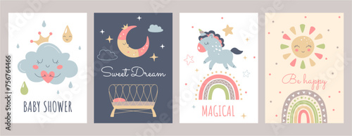 Boho baby posters in Scandinavian style. Baby shower templates with cute sun, rainbow, cloud, unicorn, cradle and moon. Bohemian nursery decor for kids room. Print wall art with hand lettering quotes.