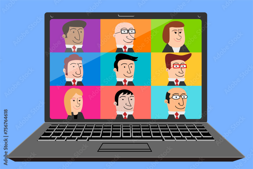 Conference video call laptop. Group of colleagues working remotely quarantine, working from home vector isolation Conference video call laptop. Group of colleagues working remotely quarantine, working from home vector isolation