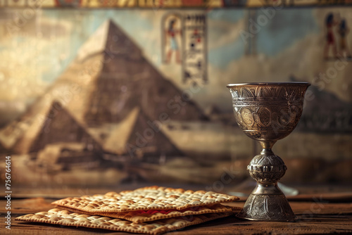 A silver goblet with patterns and a stack of matzos on an old wooden table, against the backdrop of an image of the Egyptian pyramids under a bright sky with hieroglyphs. The atmosphere of antiquity photo