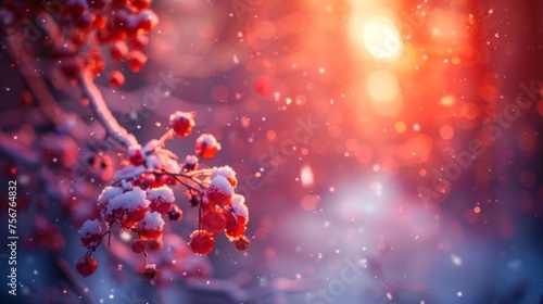 a close up of berries on a tree with the sun shining in the background and snow flakes on the branches.