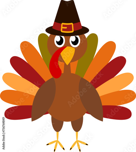 Thanksgiving Day. Funny cartoon character turkey bird in pilgrim hat. Vector illustration isolated on white photo