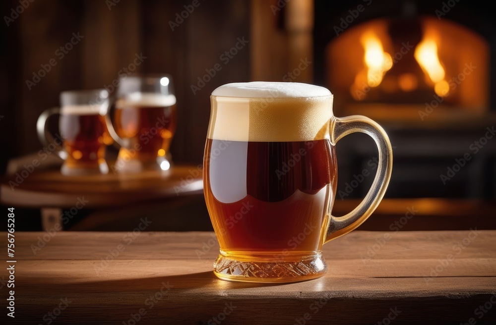 Amber beer in mug with frothy head on table of bar, fireplace of cozy tavern in background. Amber beer in mug with frothy head on table of bar, fireplace of cozy tavern in background.