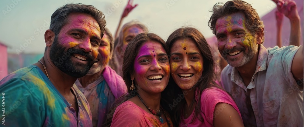 A group of happy people of different ages and different races celebrating Holi. A group of happy people of different ages and different races celebrating Holi.