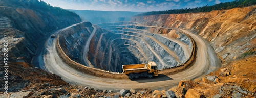 An open-pit mine with a large mining truck driving down the terraces. Heavy machinery in action within the expansive excavation layers. Panorama with copy space.