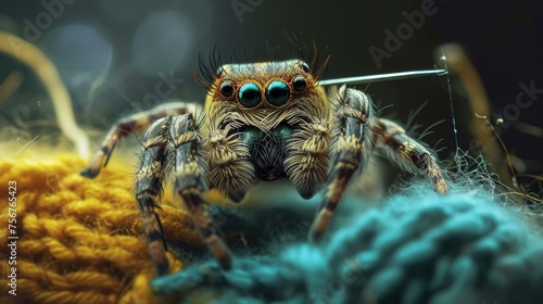 Jumping spider with knitting needles and wool on a dark background close up