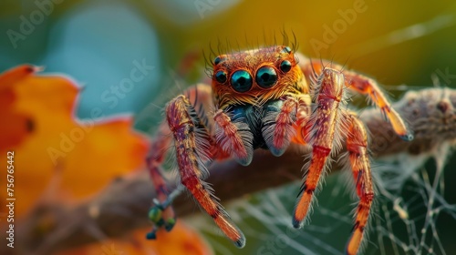 A close-up of a red jumping spider weaving a web on a branch