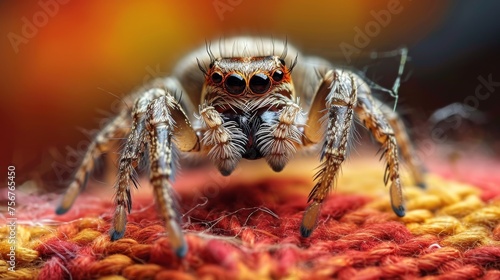 Jumping spider macro close up on colorful woolen background, animal