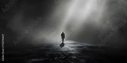 Navigating Darkness: A Solitary Figure Embracing Surreal Loneliness and Mystery. Concept Darkness, Solitude, Mystery, Surreal, Loneliness photo