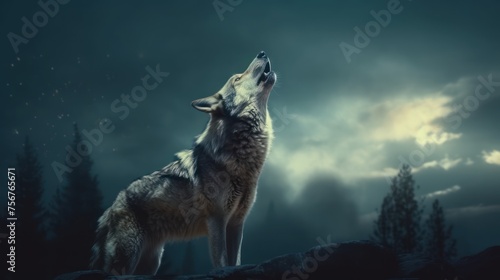 wolf howl on a rock at night in forest background