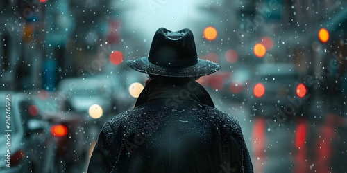 Figure in a hat standing mysteriously in the rain on a city street. Concept Mystery, Rain, Urban, Hat, City Street photo