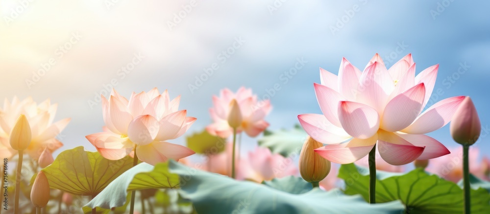 A line of pink lotus flowers blooms in a pond as the sun filters through the leaves, creating a stunning natural landscape with water, plants, and flowering beauty