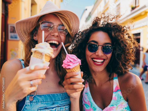 Women eating ice cream on city street - friends having fun outdoors  photo