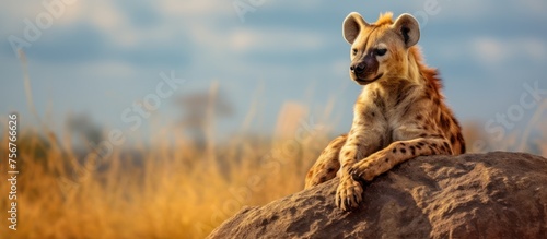 a view hyena rest in savanna background photo