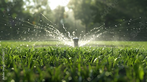 Automatic lawn sprinkler watering green grass. Sprinkler with automatic system. Garden irrigation system watering lawn. Water saving or water conservation from sprinkler system. Generative AI.