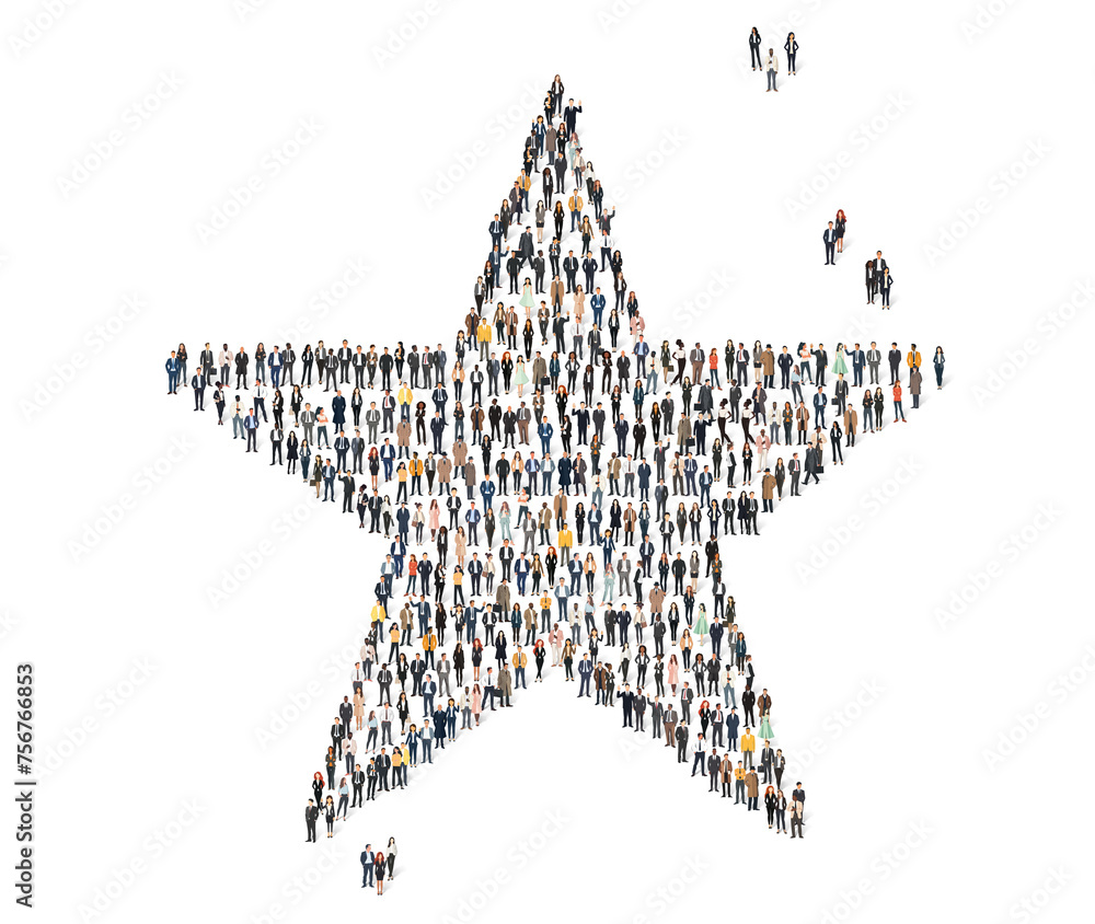 Five pointed star icon made from large group of miniature people figures. Transparent background. Generative AI Five pointed star icon made from large group of miniature people figures. Transparent background. Generative AI