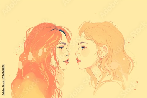Valentine's Pride: Watercolor Embrace. Intimate watercolor portrayal of two women in a loving gaze, symbolizing LGBTQ+ pride and Valentine's romance.