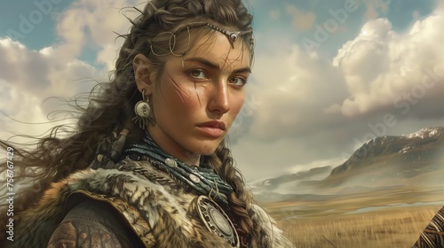 Hunnic Woman with Resolute Gaze in Windswept Grassland photo