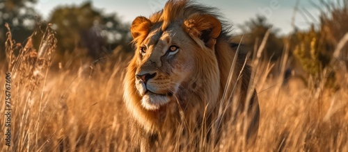 lion standing to hunting in savanna background © kucret