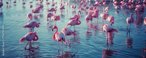 flamingos in the water looking for food
