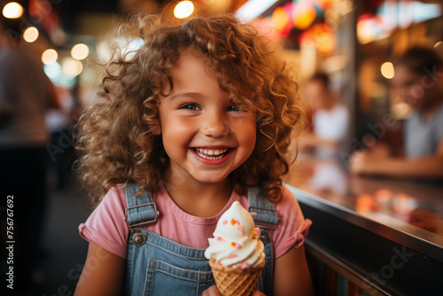 Cheerful curly-haired child in overalls  savoring a delicious ice cream cone at a lively outdoor festival. 