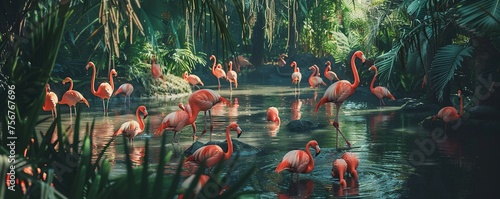 flamingos in the water looking for food photo
