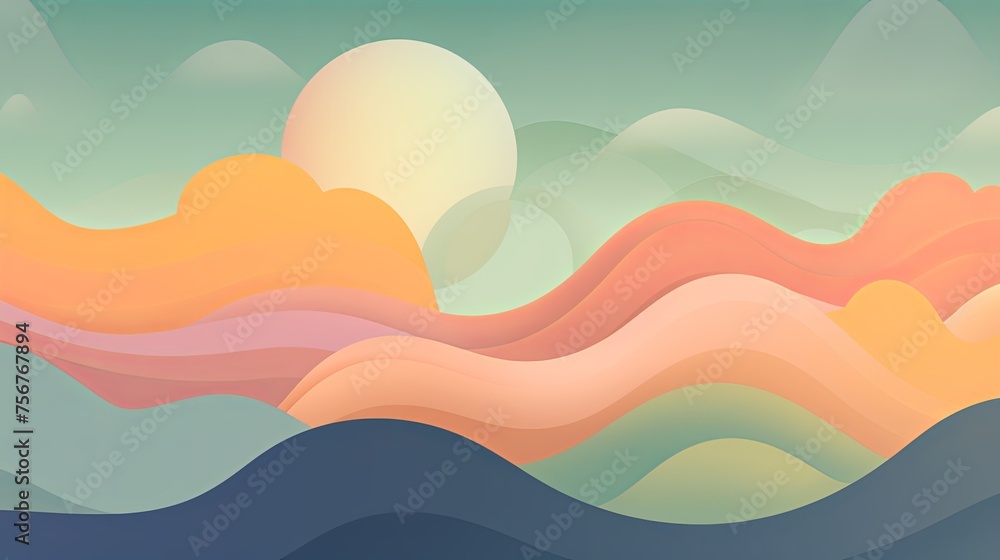 Landscape with sea waves, moon or sun in the sky. Natural background. Illustration for cover, card, postcard, interior design, banner, poster, brochure or presentation.