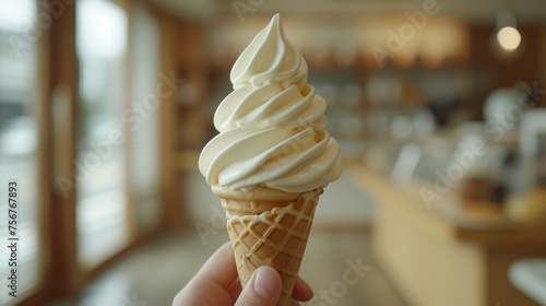 a hand holding an ice cream cone with white icing on top of it in front of a store window. photo