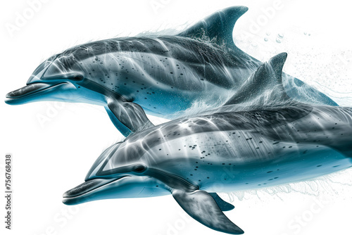  two Bottlenose Dolphins swimming 3/4 body, side view PNG, in an Aquatic wildlife-themed, isolated, and transparent photorealistic illustration. Generative ai