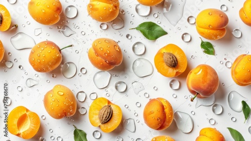 Ripe apricots with water drops on white surface. Halved apricots revealing juicy interior. Fresh stone fruit with visible texture and moisture detail.
