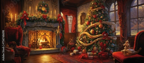 A cozy living room adorned with festive Christmas decor including a fireplace, Christmas tree, and beautiful art pieces like paintings and picture frames