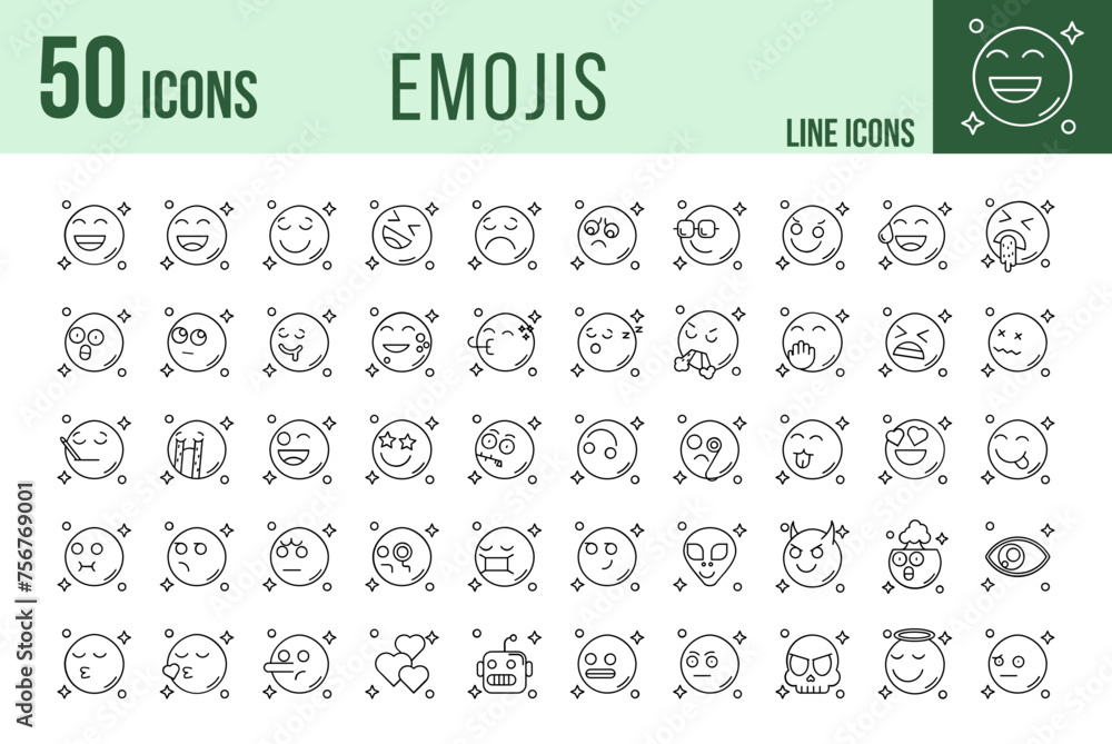 Set of 50 Emojis line icons set. Emojis outline icons with editable stroke collection.