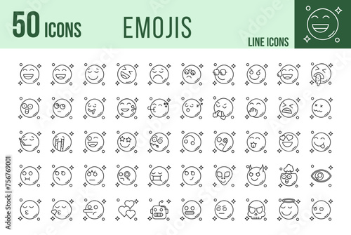 Set of 50 Emojis line icons set. Emojis outline icons with editable stroke collection.