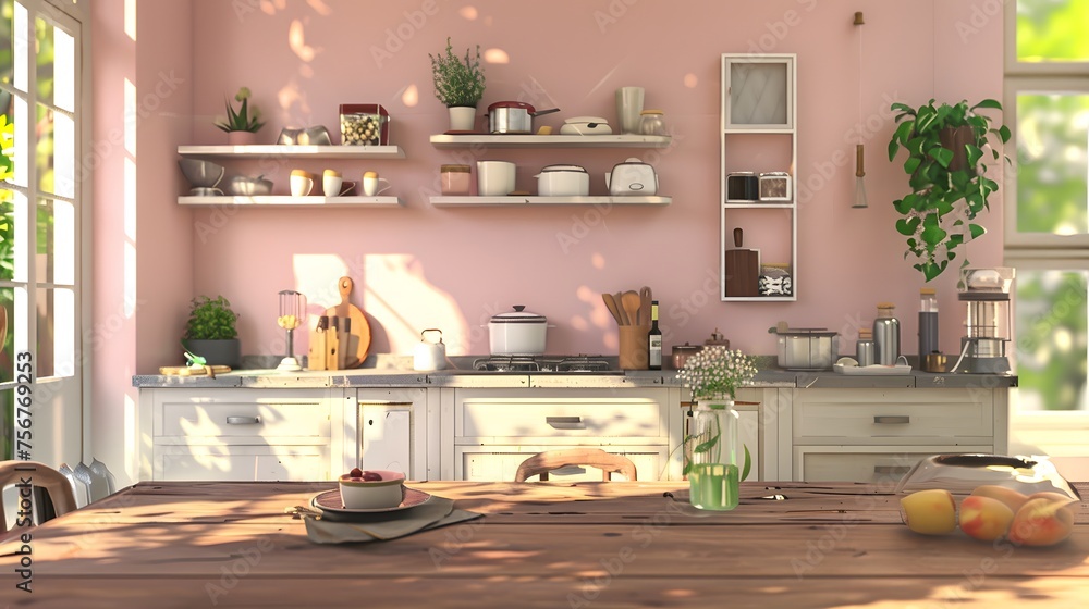 Home mock up, cozy modern kitchen interior background, 3d render