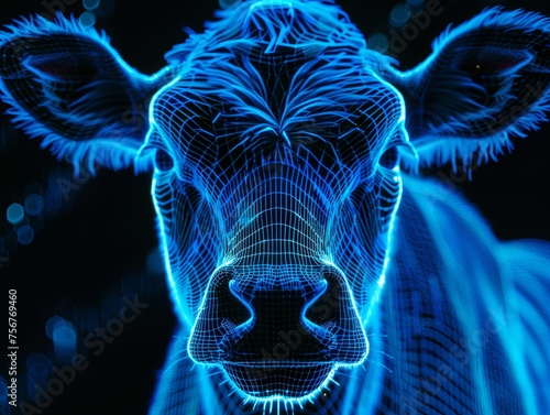 Close-up of a cow's face in grid style. Polygonal computer-generated image. Facial recognition grid on a live object. Illustration for cover, card, poster, brochure or presentation.