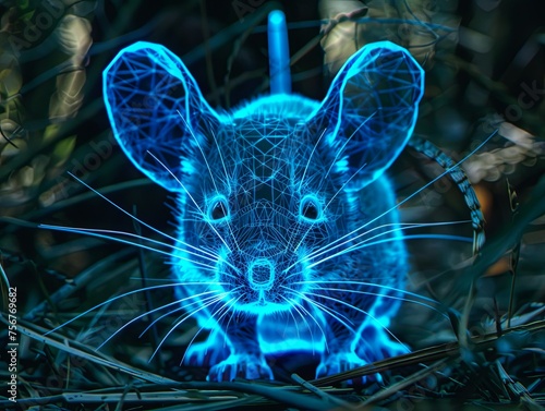 Close-up of a mouse muzzle in grid style. Polygonal computerized image of a rat. Facial recognition grid on a live object. Illustration for cover, card, poster, brochure or presentation.